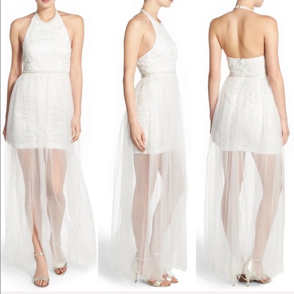 new ✶ Barefoot Bride ✶ Ethereal Pearl Trim Halter Lace Gown ✶ Ivory Size Medium - Picture 13 of 14